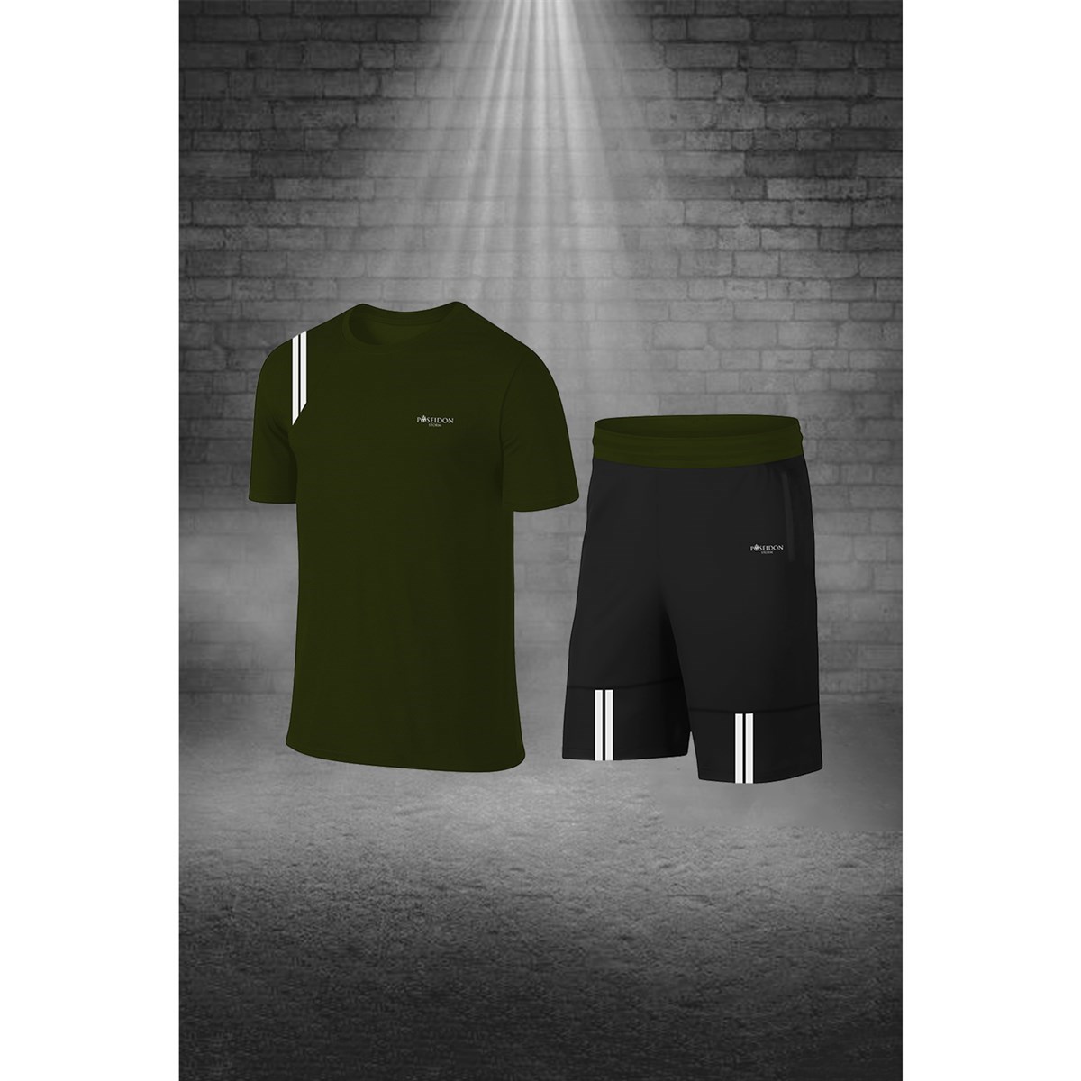 Erkek Haki Dri-Fit Kumaş Yürüyüş için Konforlu Cepli Sıfır Yaka Tişört Şort Seti S-3XL