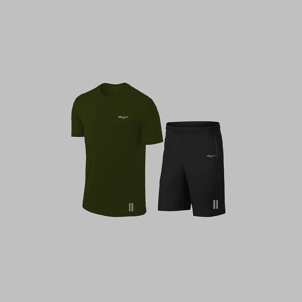 Erkek Haki Dri-Fit Kumaş Yürüyüş için Konforlu Cepli Sıfır Yaka Tişört Şort Seti S-3XL