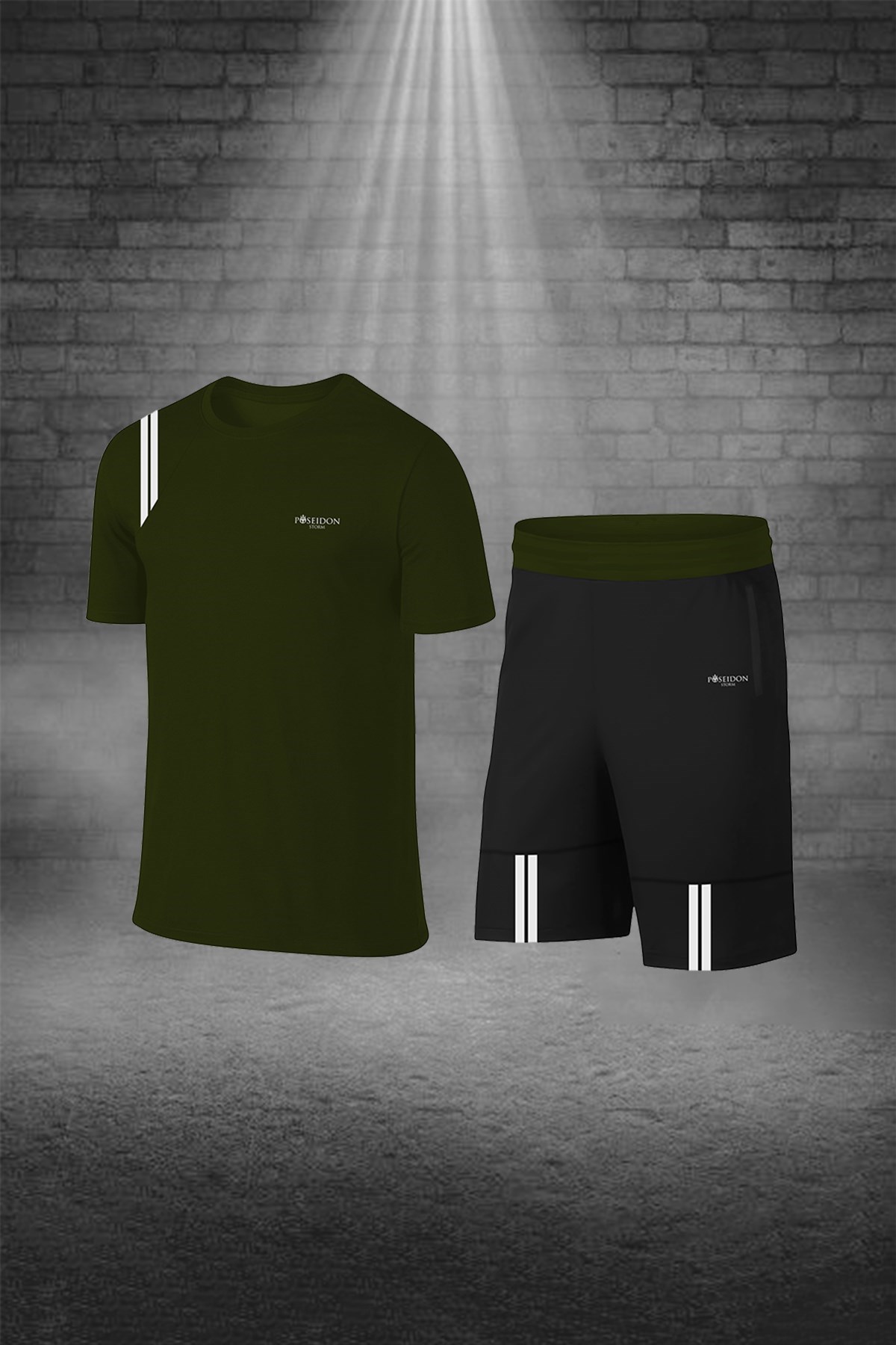 Erkek Haki Dri-Fit Kumaş Yürüyüş için Konforlu Cepli Sıfır Yaka Tişört Şort Seti S-3XL