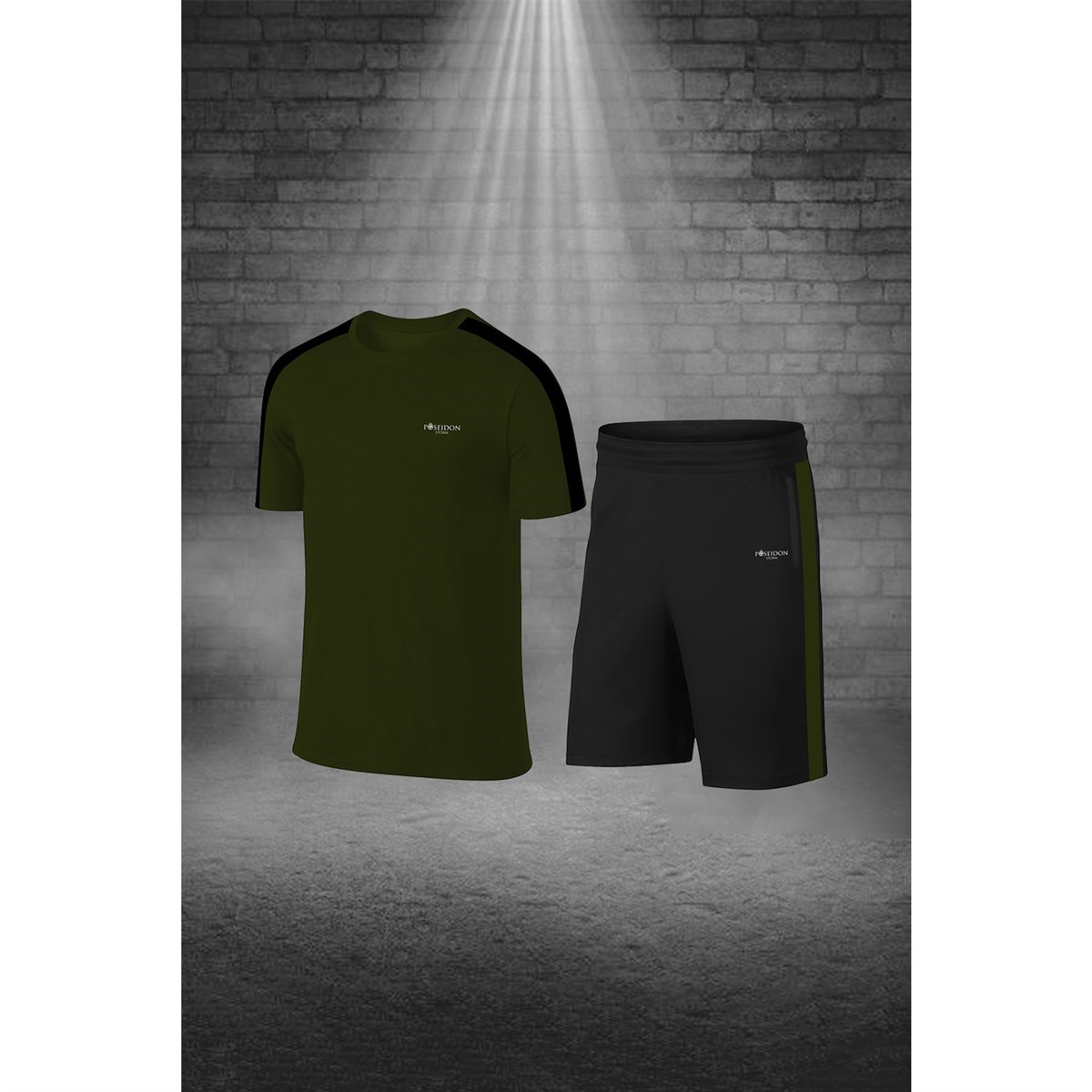 Erkek Haki Dri-Fit Kumaş Yürüyüş ve Koşu için Konforlu Cepli Sıfır Yaka Tişört Şort İkili Alt Üst Seti S-3XL