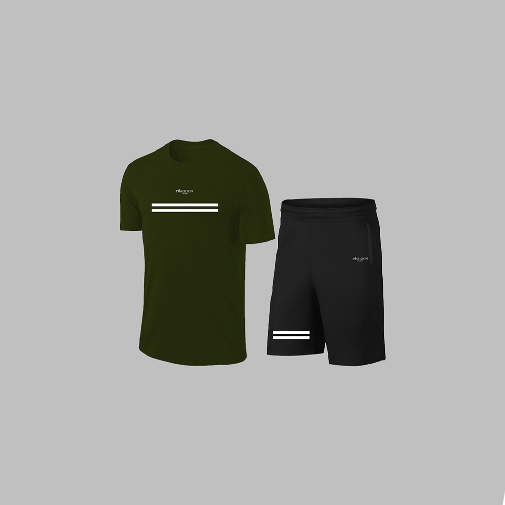 Erkek Haki Dri-Fit Kumaş Yürüyüş ve Koşu için Konforlu Cepli Sıfır Yaka Tişört Şort İkili Alt Üst Set S-3XL