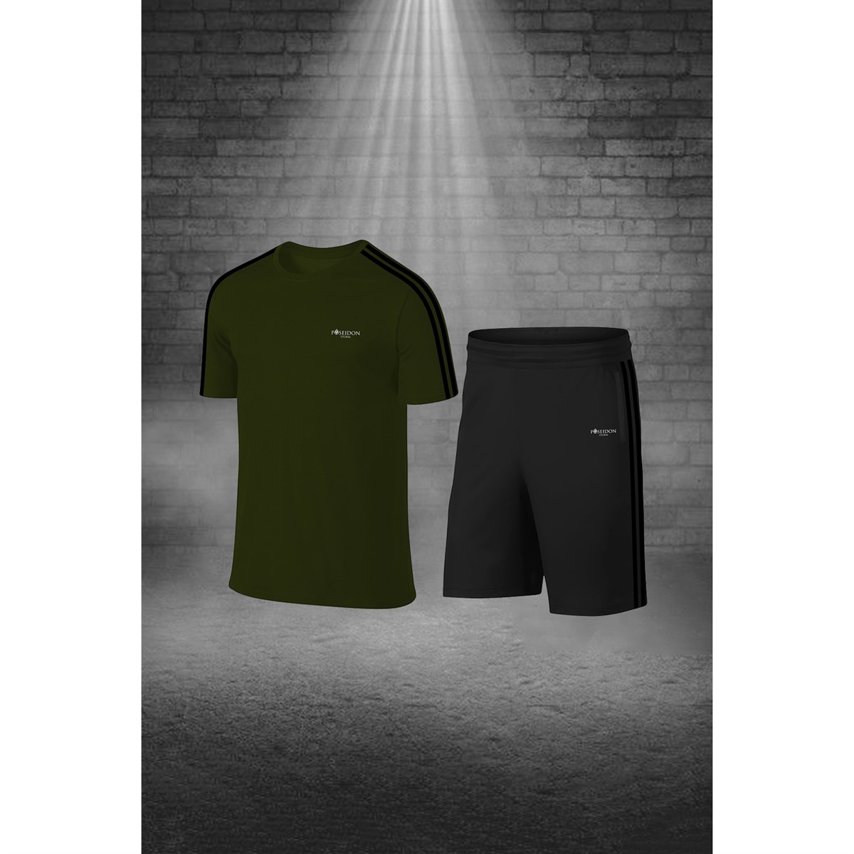 Erkek Haki Dri-Fit Kumaş Yürüyüş ve Koşu için Konforlu Cepli Sıfır Yaka Tişört Şort İkili Alt Üst Set S-3XL