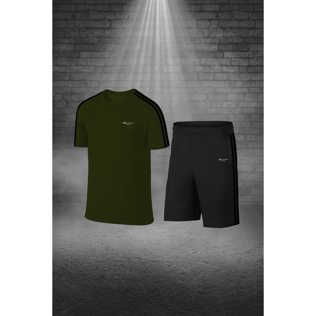 Erkek Haki Dri-Fit Kumaş Yürüyüş ve Koşu için Konforlu Cepli Sıfır Yaka Tişört Şort İkili Alt Üst Set S-3XL