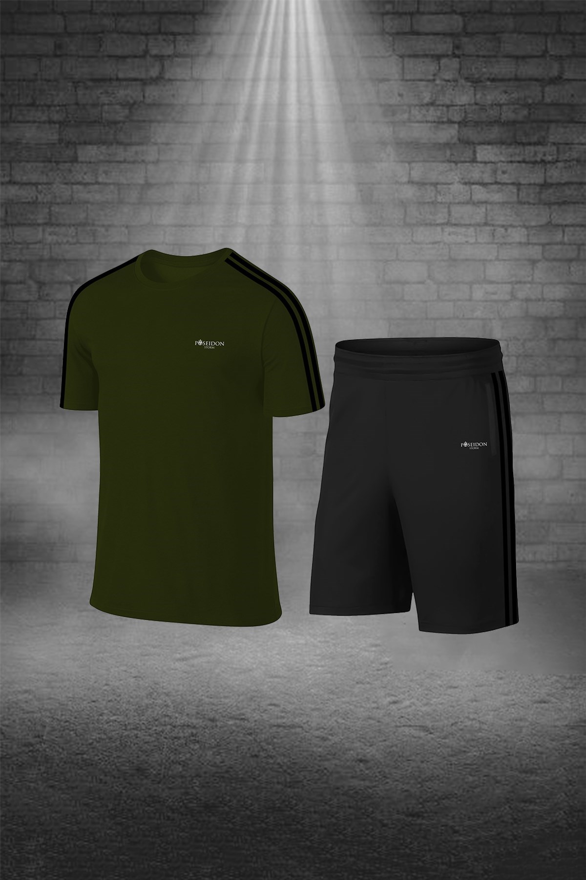 Erkek Haki Dri-Fit Kumaş Yürüyüş ve Koşu için Konforlu Cepli Sıfır Yaka Tişört Şort İkili Alt Üst Set S-3XL