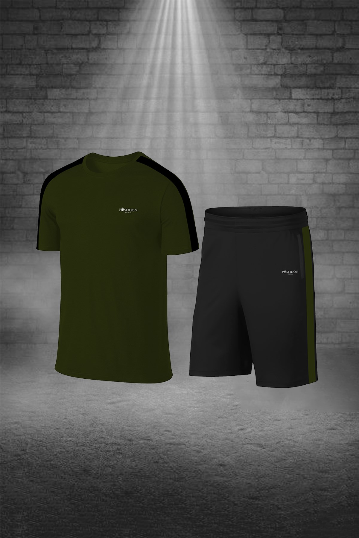 Erkek Haki Dri-Fit Kumaş Yürüyüş ve Koşu için Konforlu Cepli Sıfır Yaka Tişört Şort İkili Alt Üst Seti S-3XL