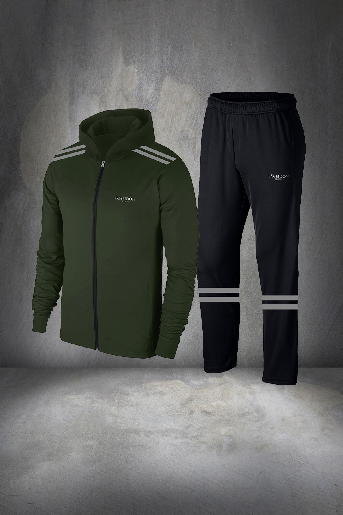 Erkek Haki  İnterlok Kumaş Fermuarlı Kapüşonlu Cepli Koşu Takımı S-3XL