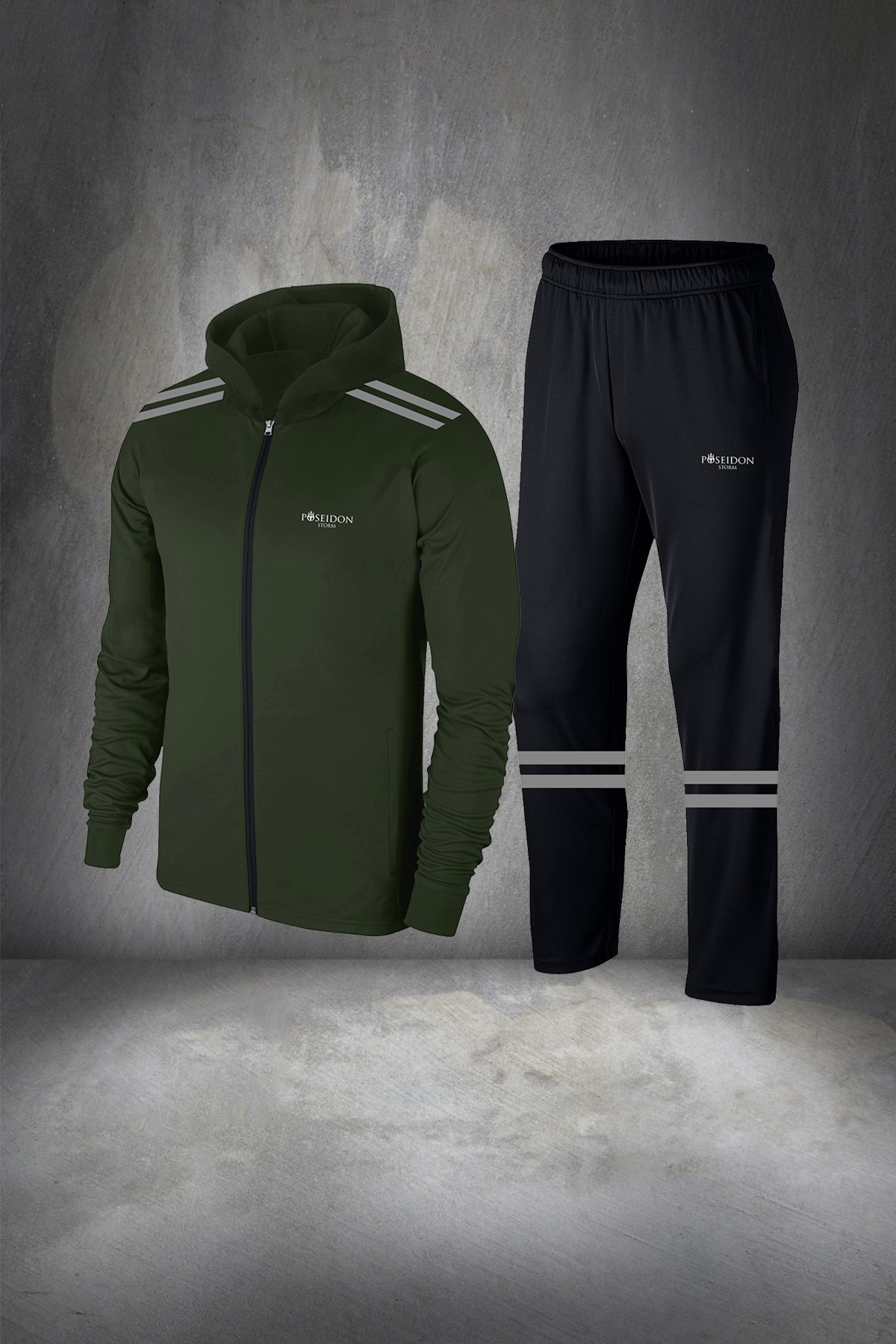 Erkek Haki  İnterlok Kumaş Fermuarlı Kapüşonlu Cepli Koşu Takımı S-3XL