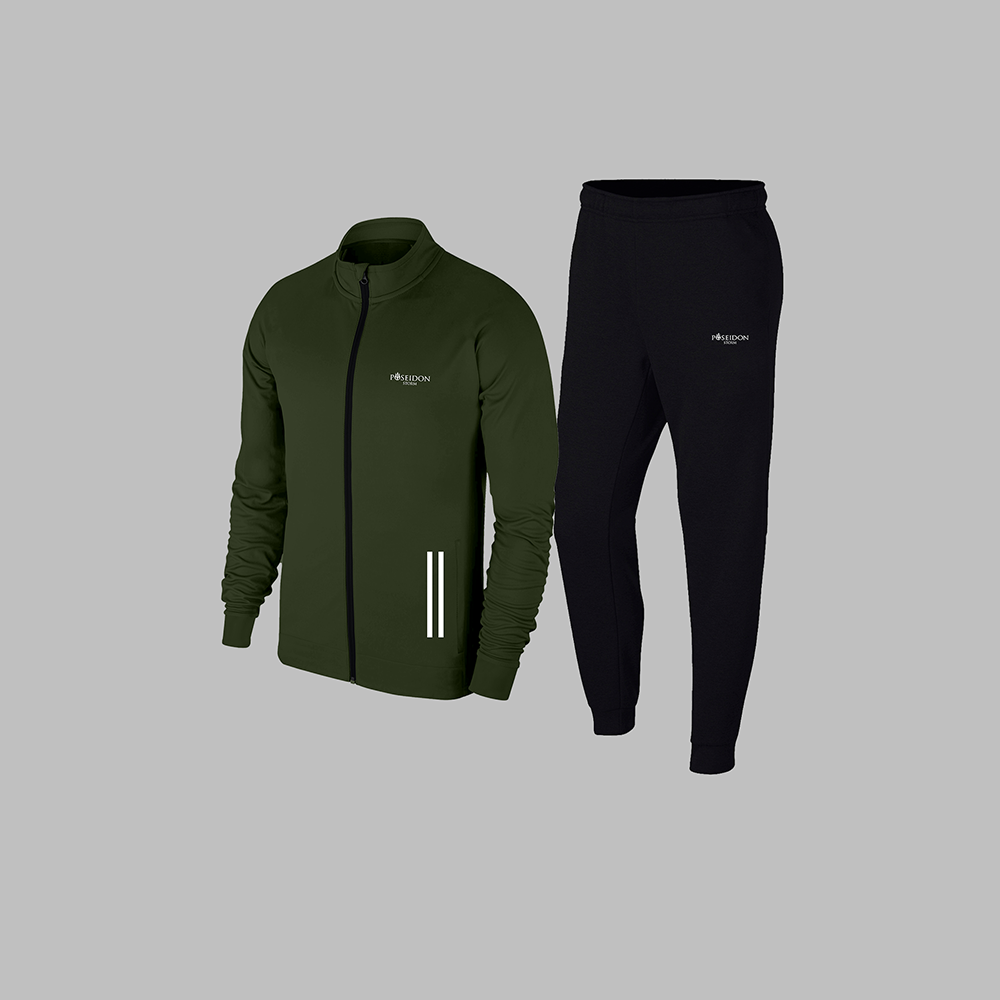 Erkek Haki  Supra Penye Kumaş Fermuarlı Kapüşonlu Cepli Koşu Takımı S-3XL