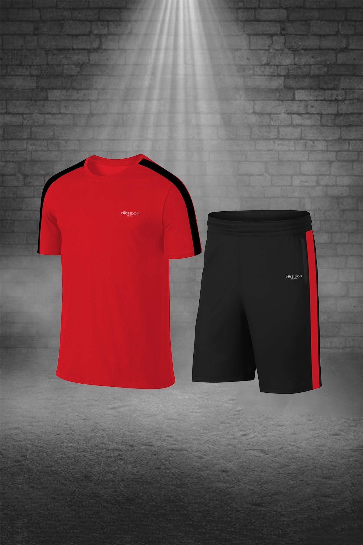 Erkek Kırmızı Dri-Fit Kumaş Baskısız Bisiklet Yaka Kısa Kol Konforlu Alt Üst Takım Şort Tişört Seti S-3XL