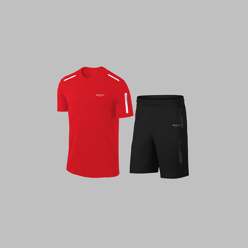 Erkek Kırmızı Dri-Fit Kumaş Baskısız Bisiklet Yaka Kısa Kol Konforlu Alt Üst Takım Şort Tişört Seti S-3XL
