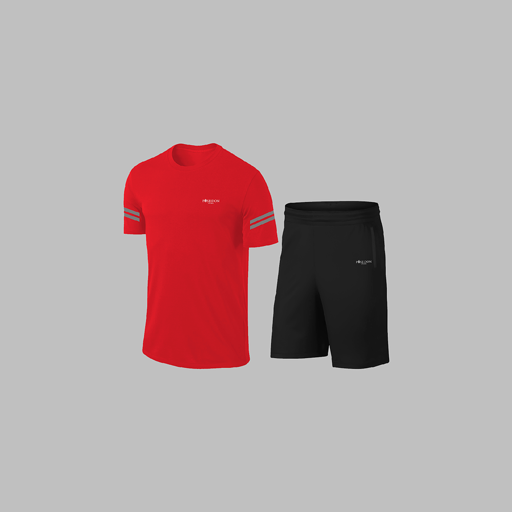 Erkek Kırmızı Dri-Fit Kumaş Baskısız Yuvarlak Yaka Kısa Kol Tişört Şort Alt Üst Takımı S-3XL