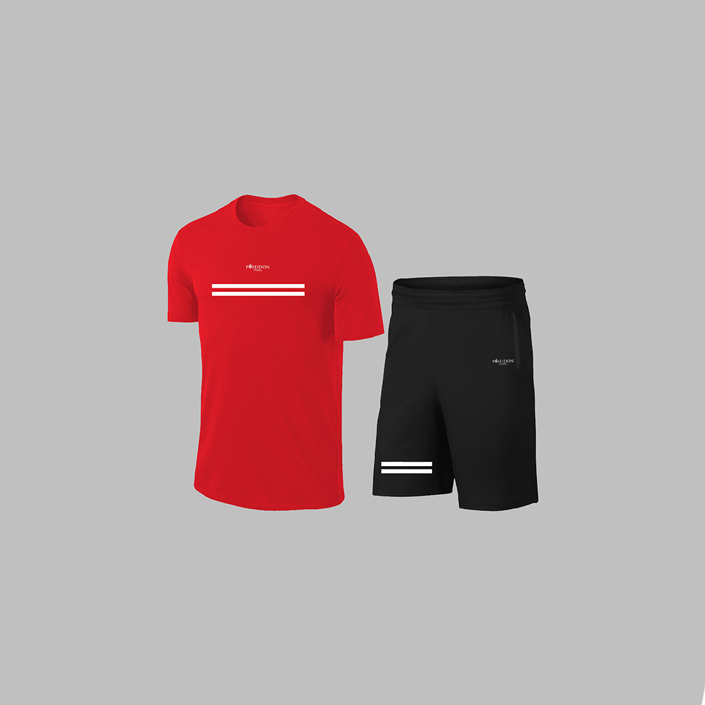 Erkek Kırmızı Dri-Fit Kumaş Baskısız Yuvarlak Yaka Kısa Kol Tişört Şort Alt Üst Takım S-3XL
