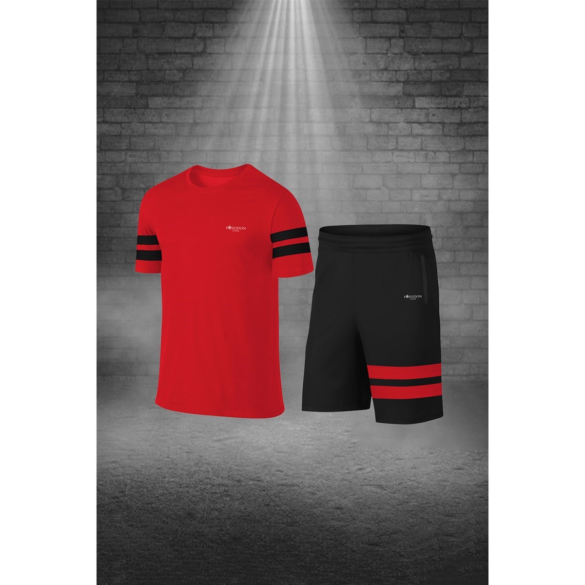 Erkek Kırmızı Dri-Fit Kumaş Baskısız Yuvarlak Yaka Kısa Kol Tişört Şort Alt Üst Takım S-3XL