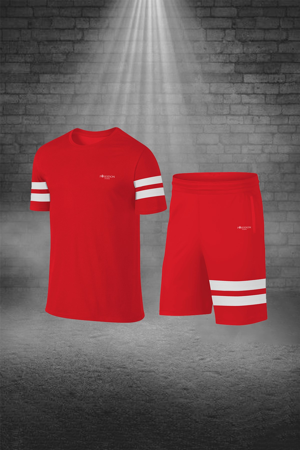 Erkek Kırmızı Dri-Fit Kumaş Baskısız Yuvarlak Yaka Kısa Kol Tişört Şort Alt Üst Takımı S-3XL