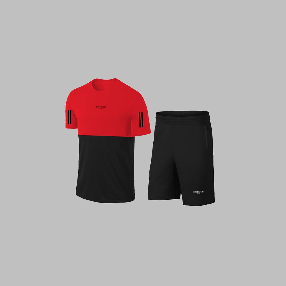Erkek Kırmızı Dri-Fit Kumaş Cepli Baskısız Bisiklet Yaka Sporcu Tişört Şort Alt Üst İkili Takım S-3XL