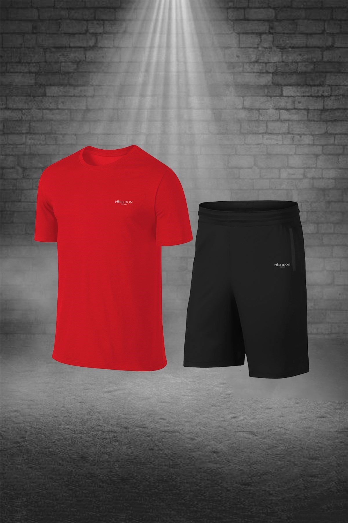Erkek Kırmızı Dri-Fit Kumaş Cepli Baskısız Sıfır Yaka Kısa Kol Alt Üst Takım Şort Tişört Seti S-3XL