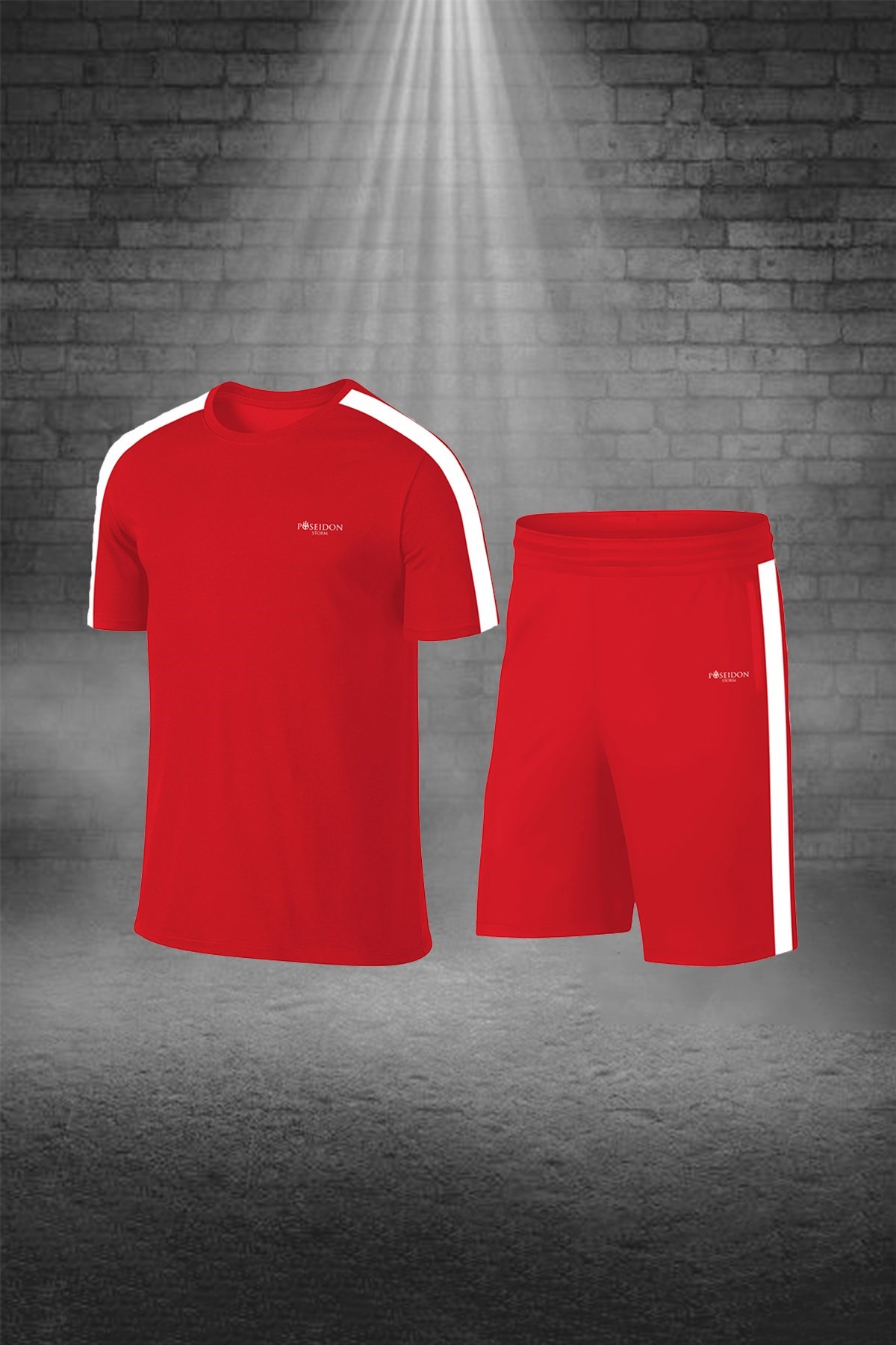 Erkek Kırmızı Dri-Fit Kumaş Cepli Baskısız Bisiklet Yaka Sporcu Tişört Şort Alt Üst İkili Takım S-3XL