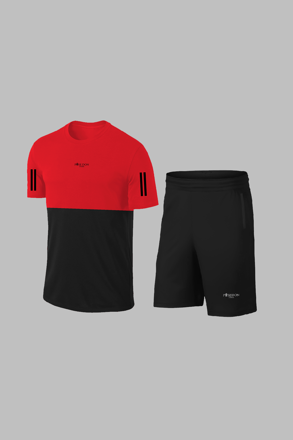 Erkek Kırmızı Dri-Fit Kumaş Spor için Konforlu Cepli Bisiklet Yaka Tişört Şort Alt Üst Takım (S-3XL)