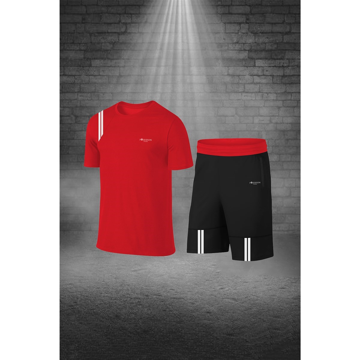 Erkek Kırmızı Dri-Fit Kumaş Spor için Konforlu Cepli Bisiklet Yaka Tişört Şort Alt Üst Takım S-3XL