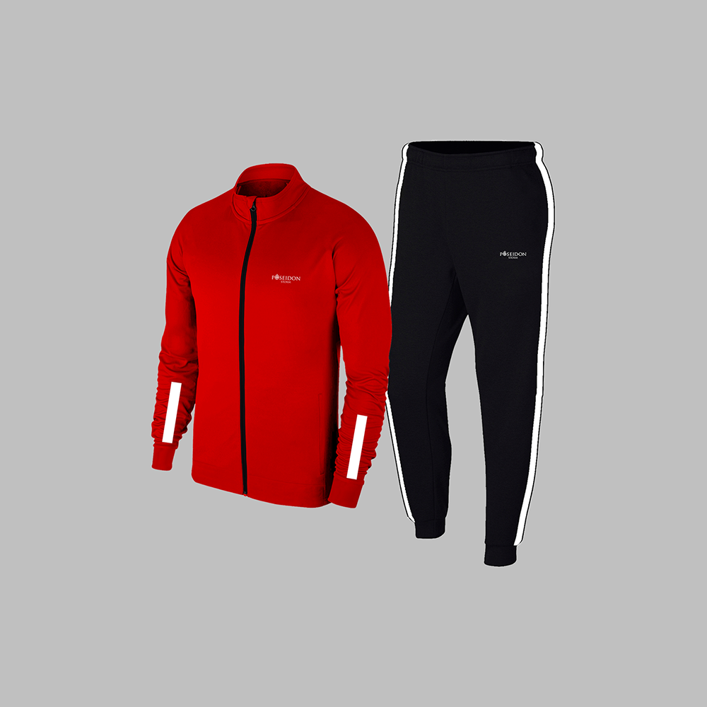 Erkek Kırmızı Supra Penye Kumaş Fermuarlı Kapüşonlu Koşu Seti (S-3XL)