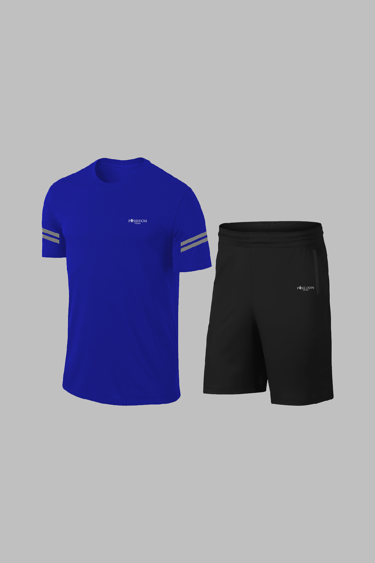 Erkek Mavi Dri-Fit Kumaş Antrenman ve Koşu için Konforlu Cepli Kısa Kol Tişört Şort İkili Takım (S-3XL)