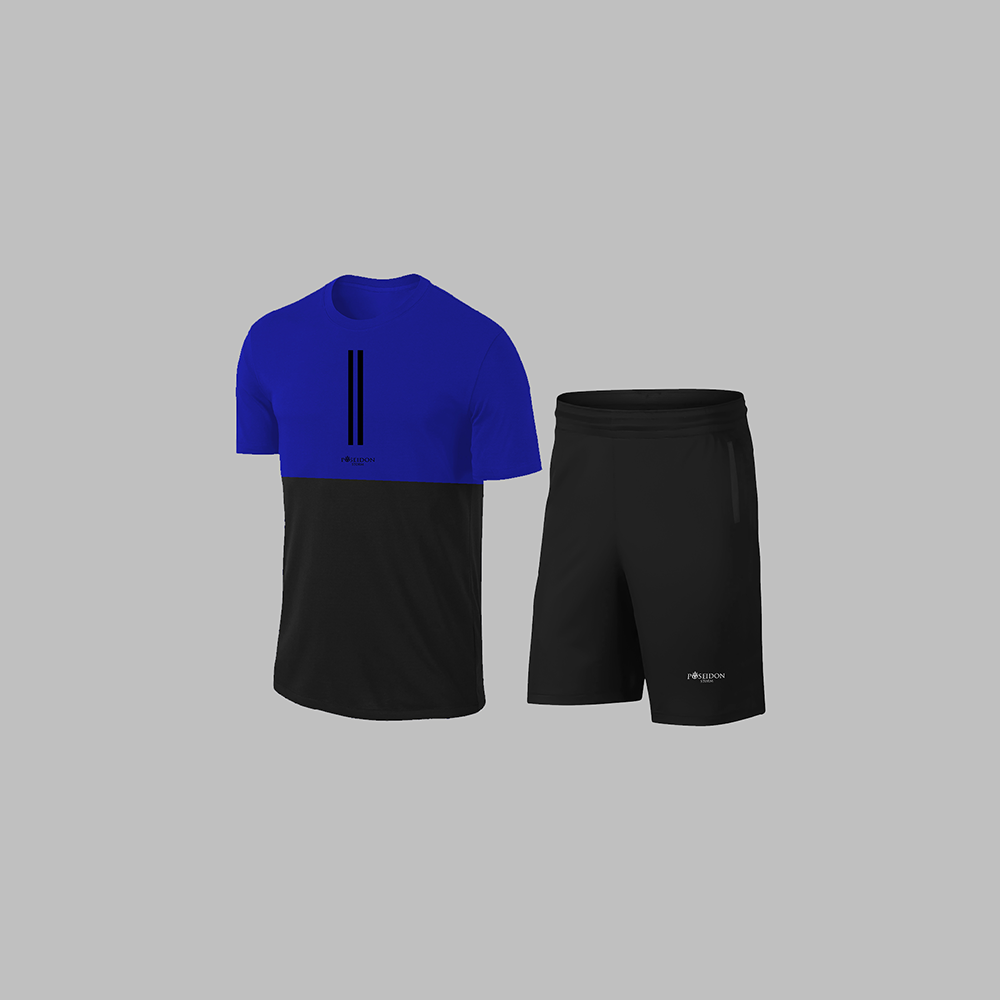 Erkek Mavi Dri-Fit Kumaş Antrenman ve Koşu için Konforlu Cepli Düz Tişört Şort Seti S-3XL