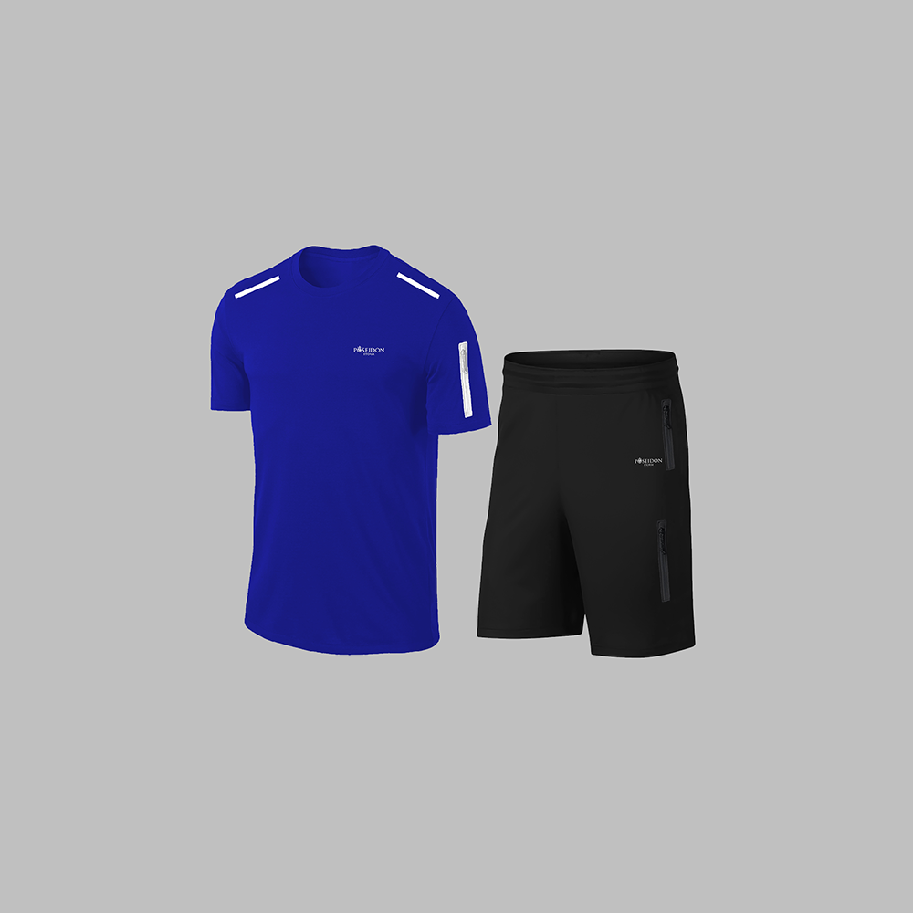 Erkek Mavi Dri-Fit Kumaş Antrenman ve Koşu için Konforlu Cepli Kısa Kol Tişört Şort İkili Takım S-3XL