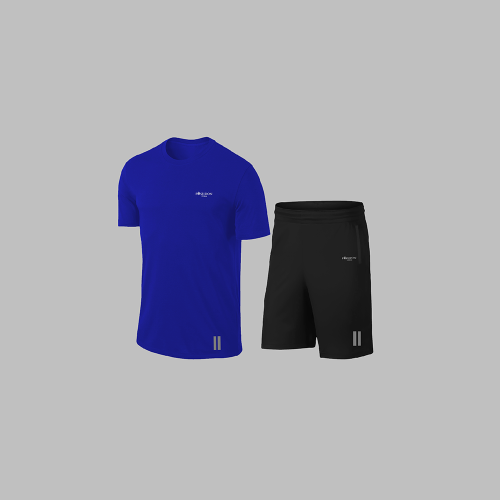Erkek Mavi Dri-Fit Kumaş Cepli Baskısız Bisiklet Yaka Sporcu Tişört Şort Alt Üst İkili Takım S-3XL