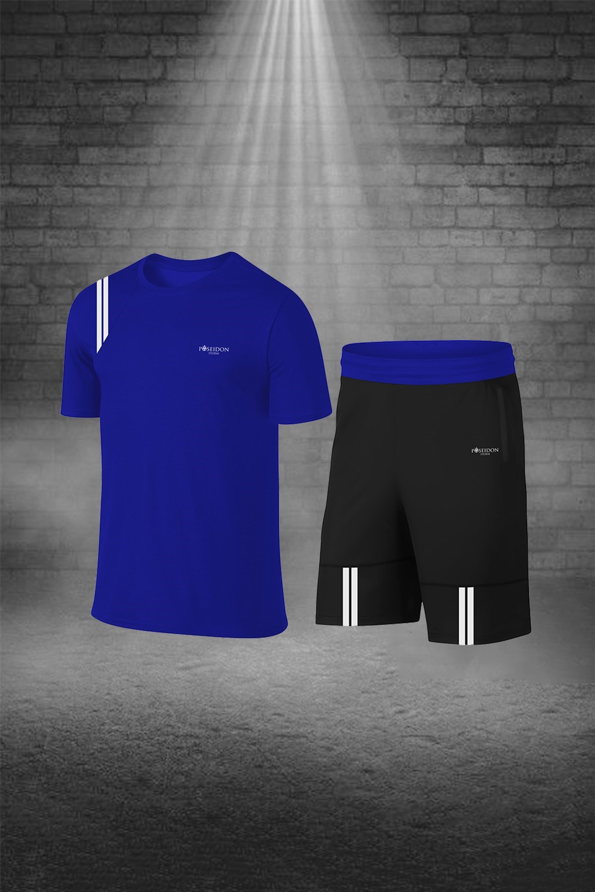 Erkek Mavi Dri-Fit Kumaş Cepli Baskısız Bisiklet Yaka Sporcu Tişört Şort Alt Üst İkili Takım S-3XL