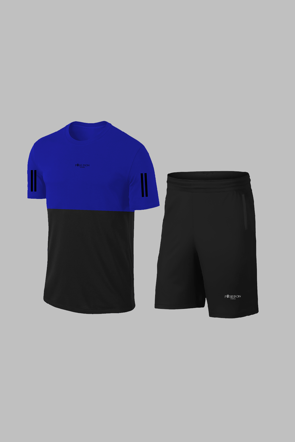 Erkek Mavi Dri-Fit Kumaş Cepli Baskısız Bisiklet Yaka Sporcu Tişört Şort Alt Üst İkili Takım (S-3XL)