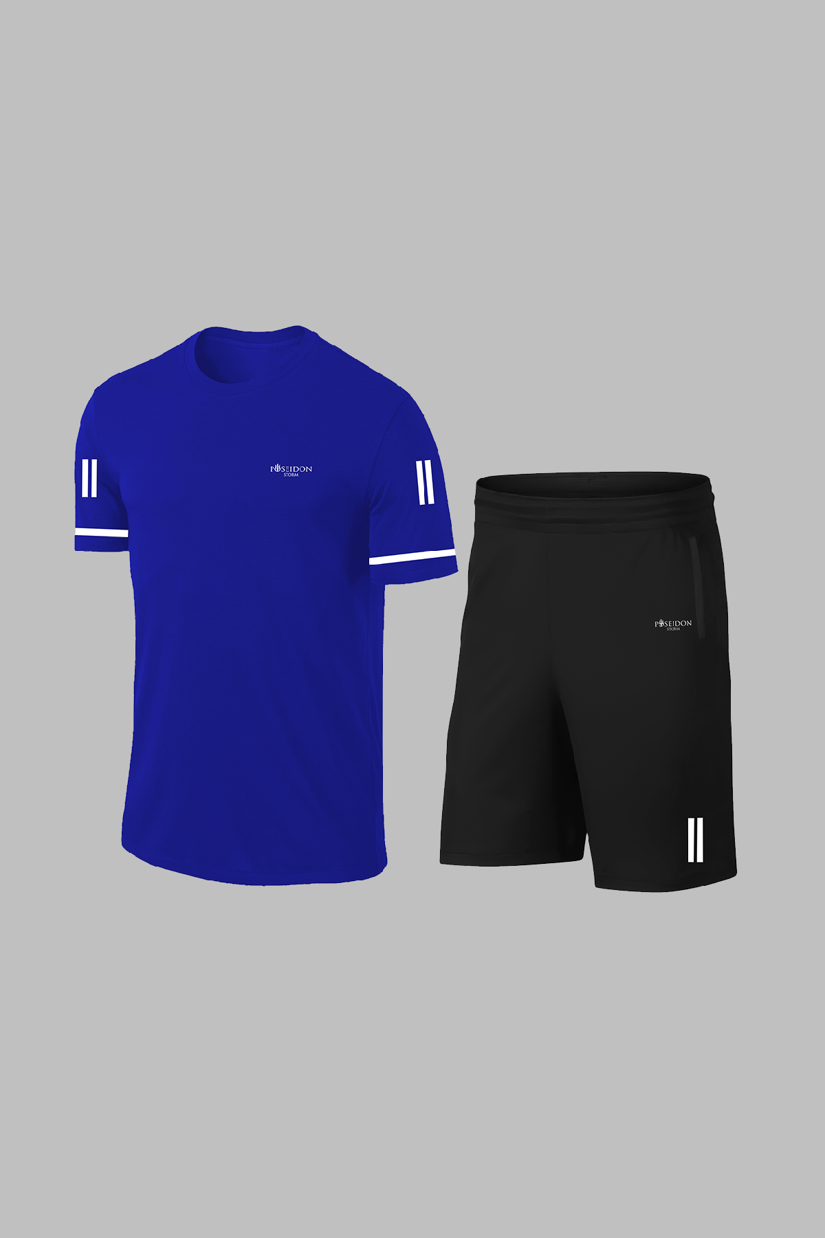 Erkek Mavi Dri-Fit Kumaş Spor için Konforlu Cepli Kısa Kol Tişört Şort İkili Takım (S-3XL)