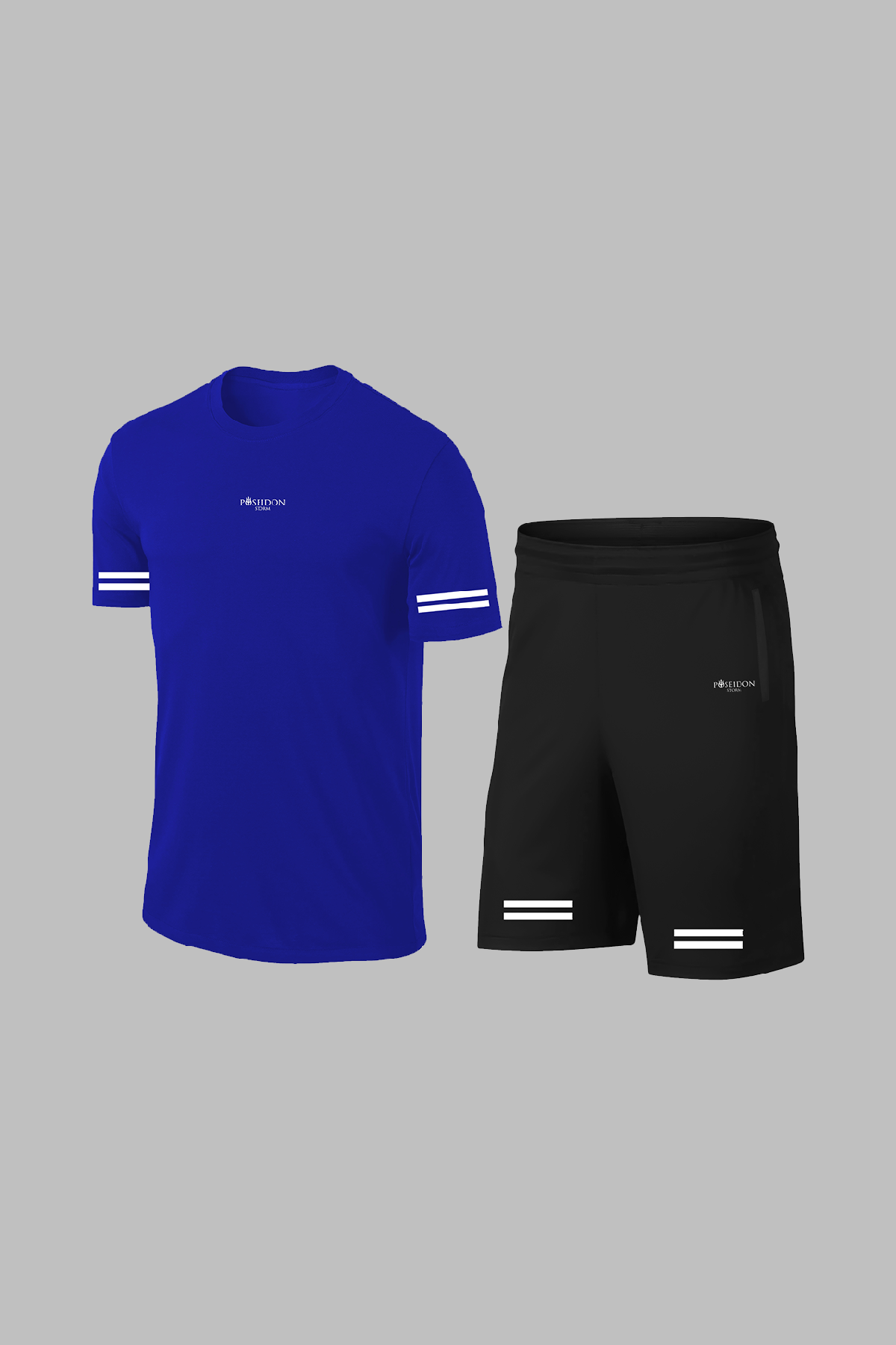 Erkek Mavi Dri-Fit Kumaş Yürüyüş ve Koşu için Konforlu Cepli Kısa Kol Tişört Şort İkili Takım (S-3XL)