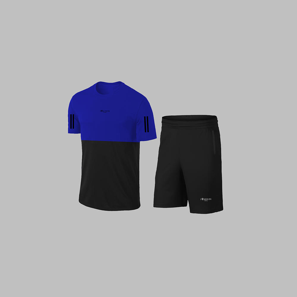 Erkek Mavi Dri-Fit Kumaş Yürüyüş ve Koşu için Konforlu Cepli Sıfır Yaka Tişört Şort İkili Alt Üst Seti S-3XL
