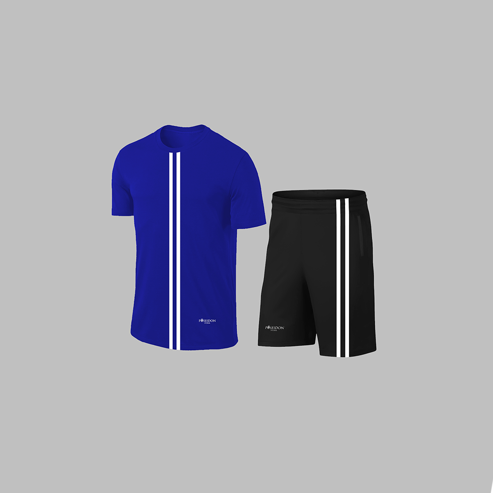 Erkek Mavi Dri-Fit Kumaş Yürüyüş ve Koşu için Konforlu Cepli Sıfır Yaka Tişört Şort İkili Alt Üst Seti S-3XL