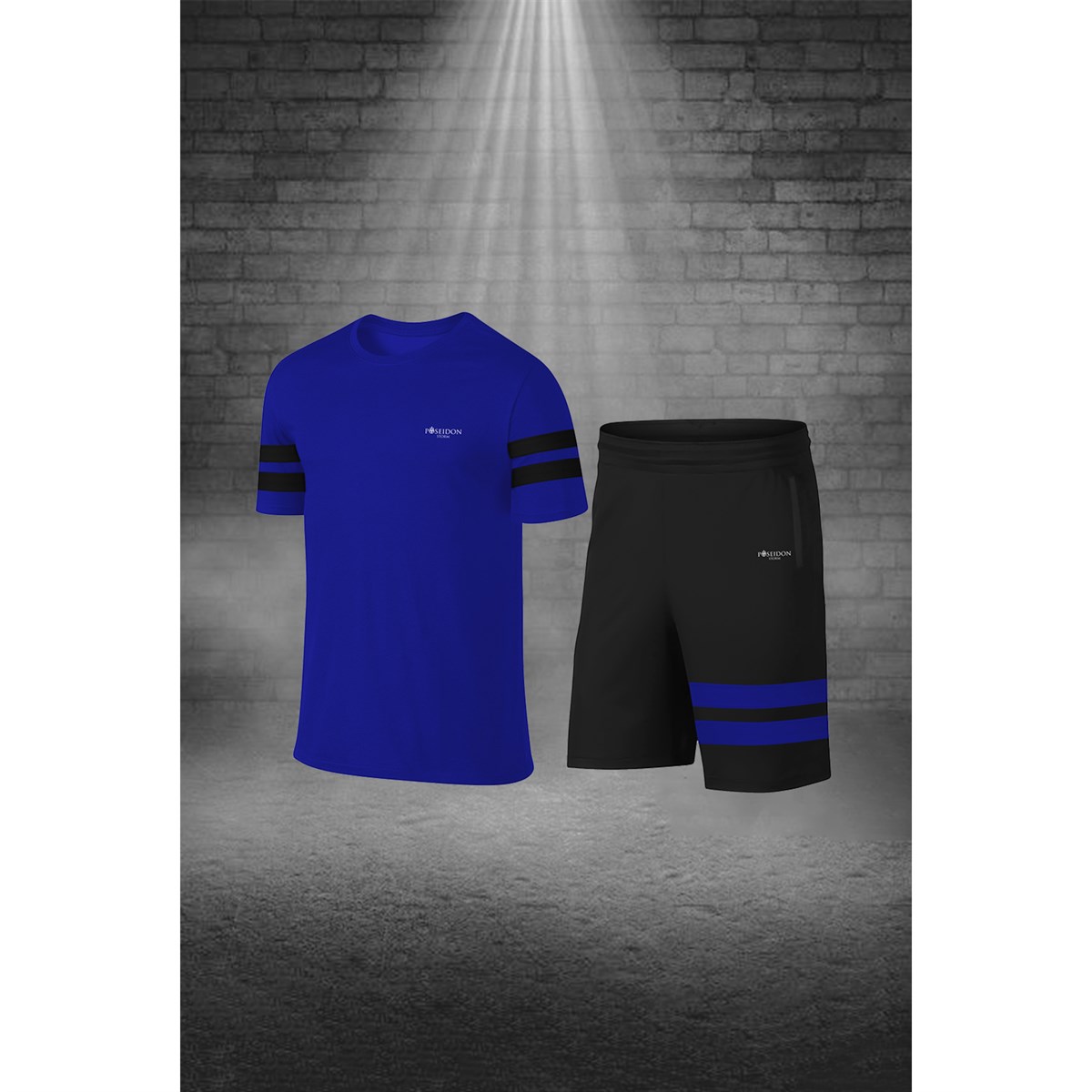 Erkek Mavi Dri-Fit Kumaş Yürüyüş ve Koşu için Konforlu Cepli Kısa Kol Tişört Şort İkili Takım S-3XL