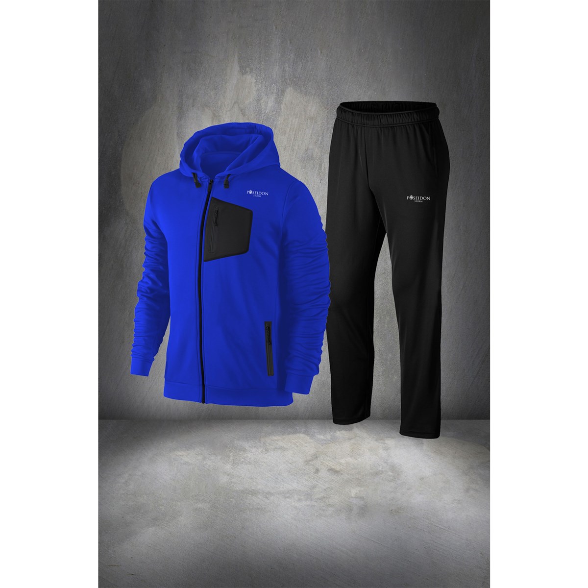 Erkek Mavi İnterlok Kumaş Rahat Kapüşonlu Yürüyüş Takımı S-3XL