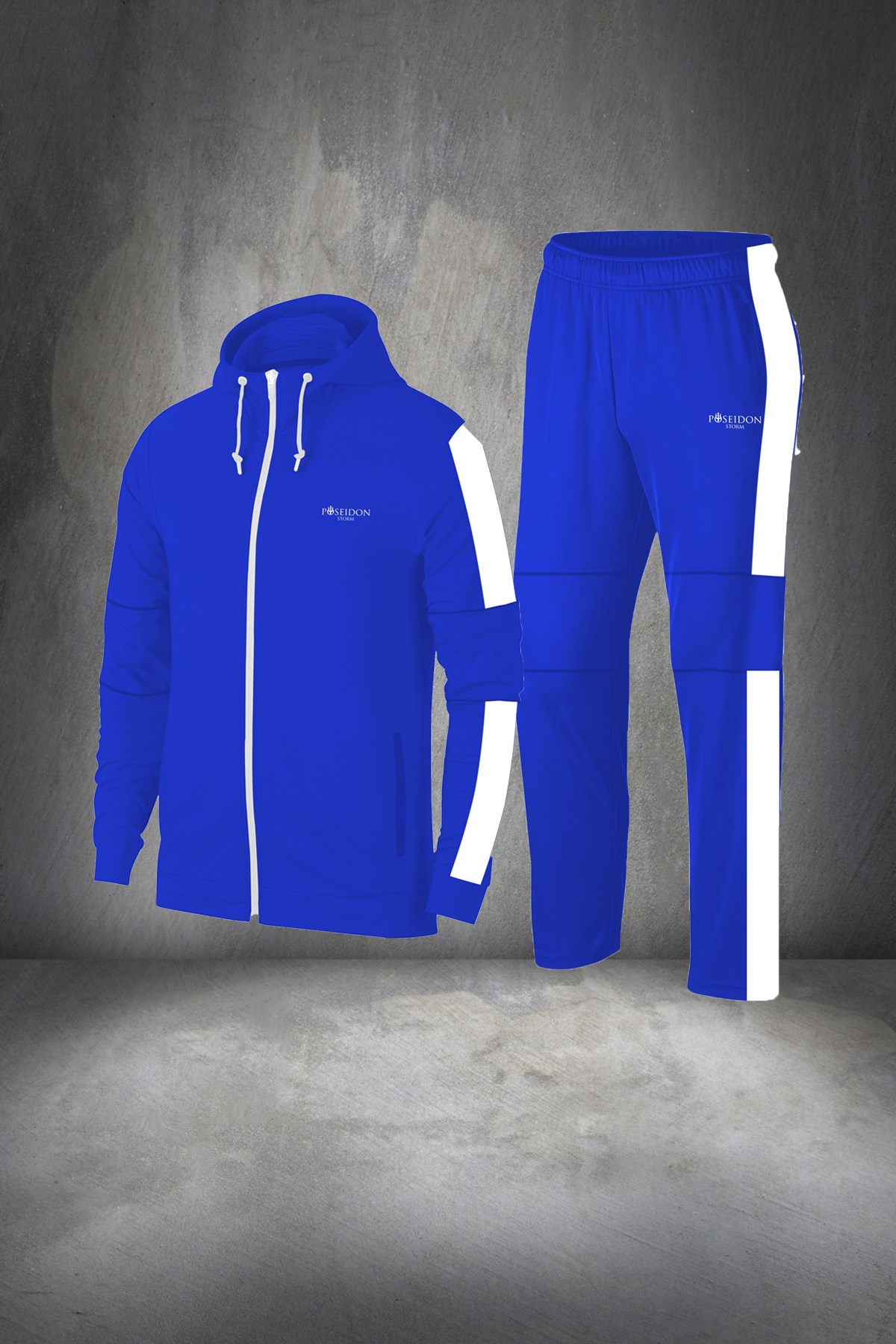 Erkek Mavi İnterlok Kumaş Rahat Kesim Kapüşonlu Fit  Eşofman Takımı S-3XL