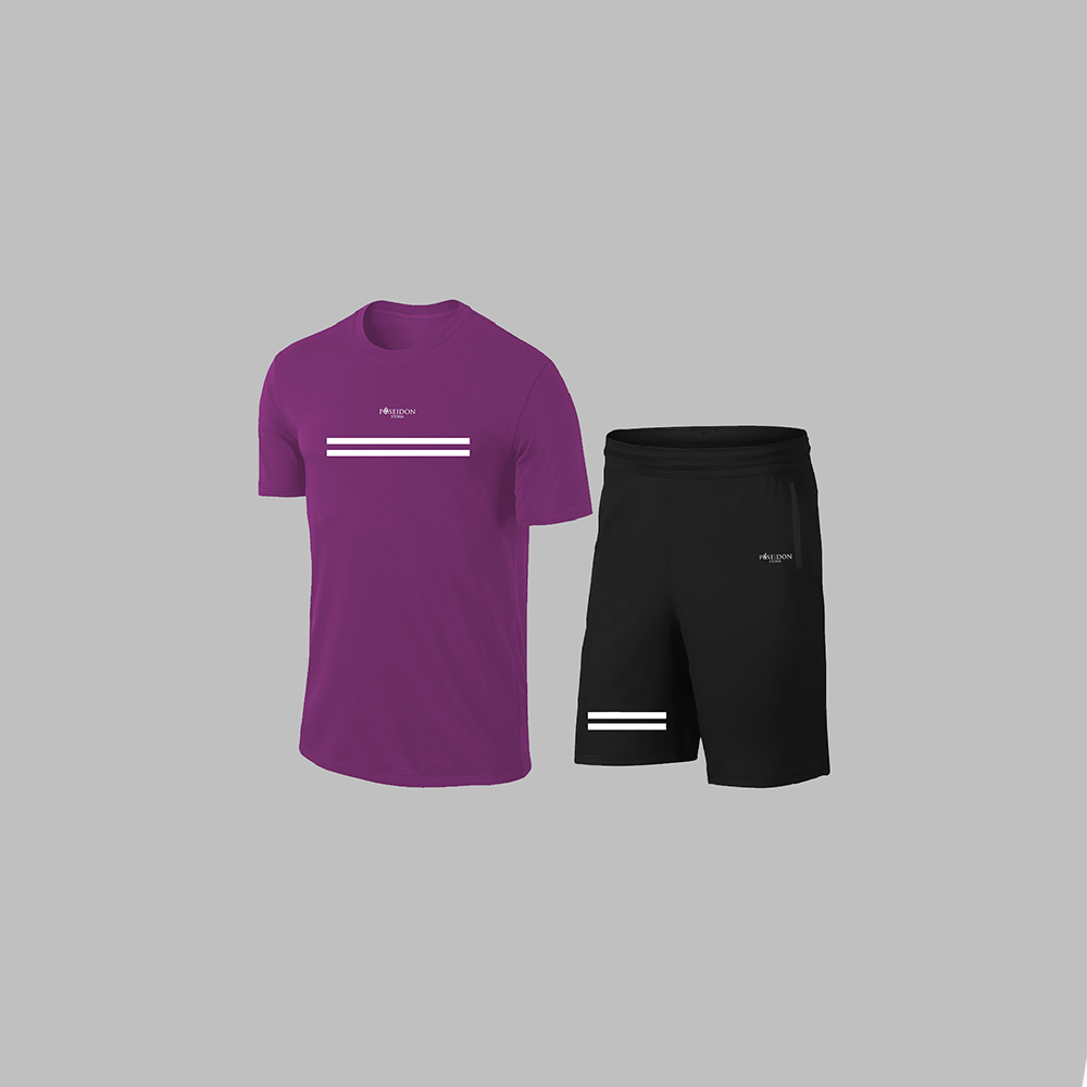 Erkek Mor Dri-Fit Kumaş Antrenman ve Koşu için Konforlu Cepli Düz Tişört Şort Seti S-3XL