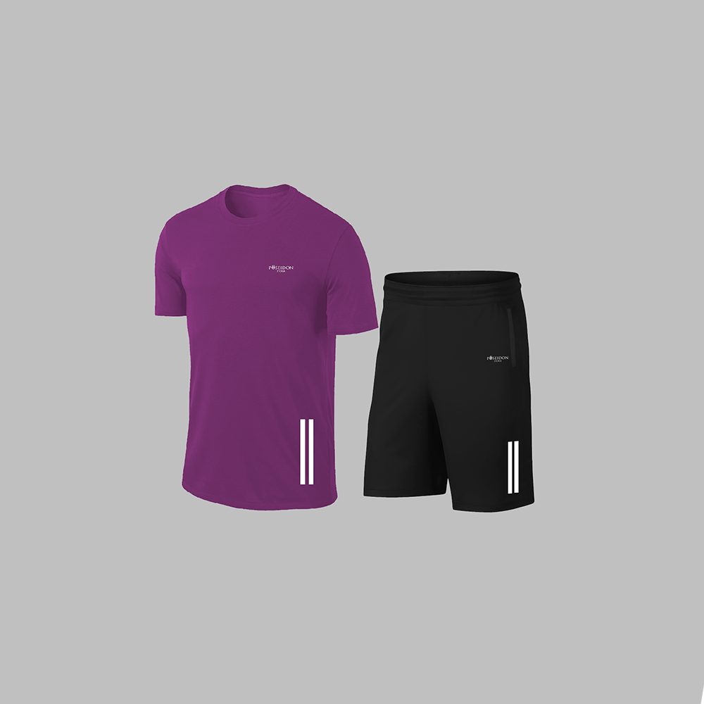 Erkek Mor Dri-Fit Kumaş Antrenman ve Koşu için Konforlu Cepli Düz Tişört Şort Seti S-3XL