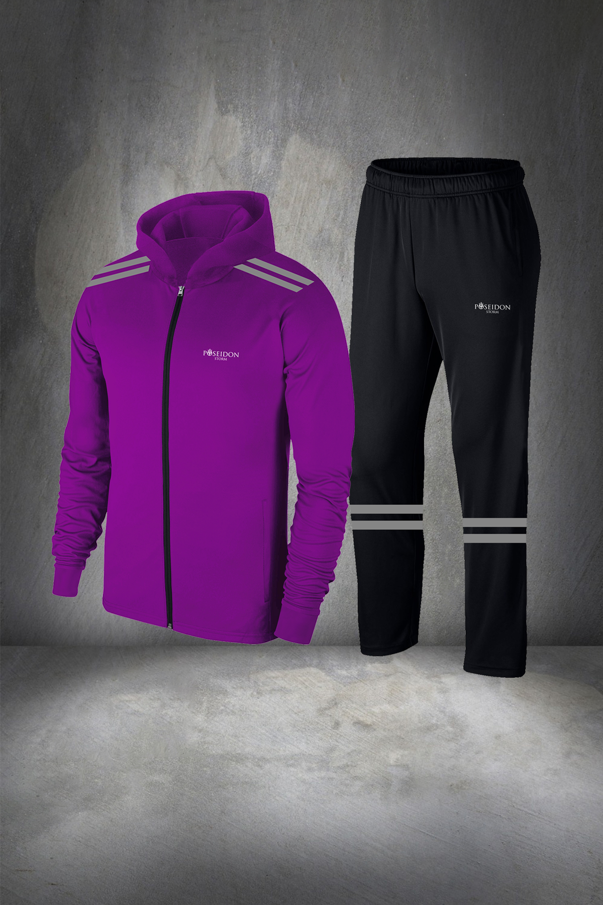 Erkek Mor Supra Penye Kumaş Rahat Fermuarlı Kapüşonlu Eşofman Alt Üst Set S-3XL