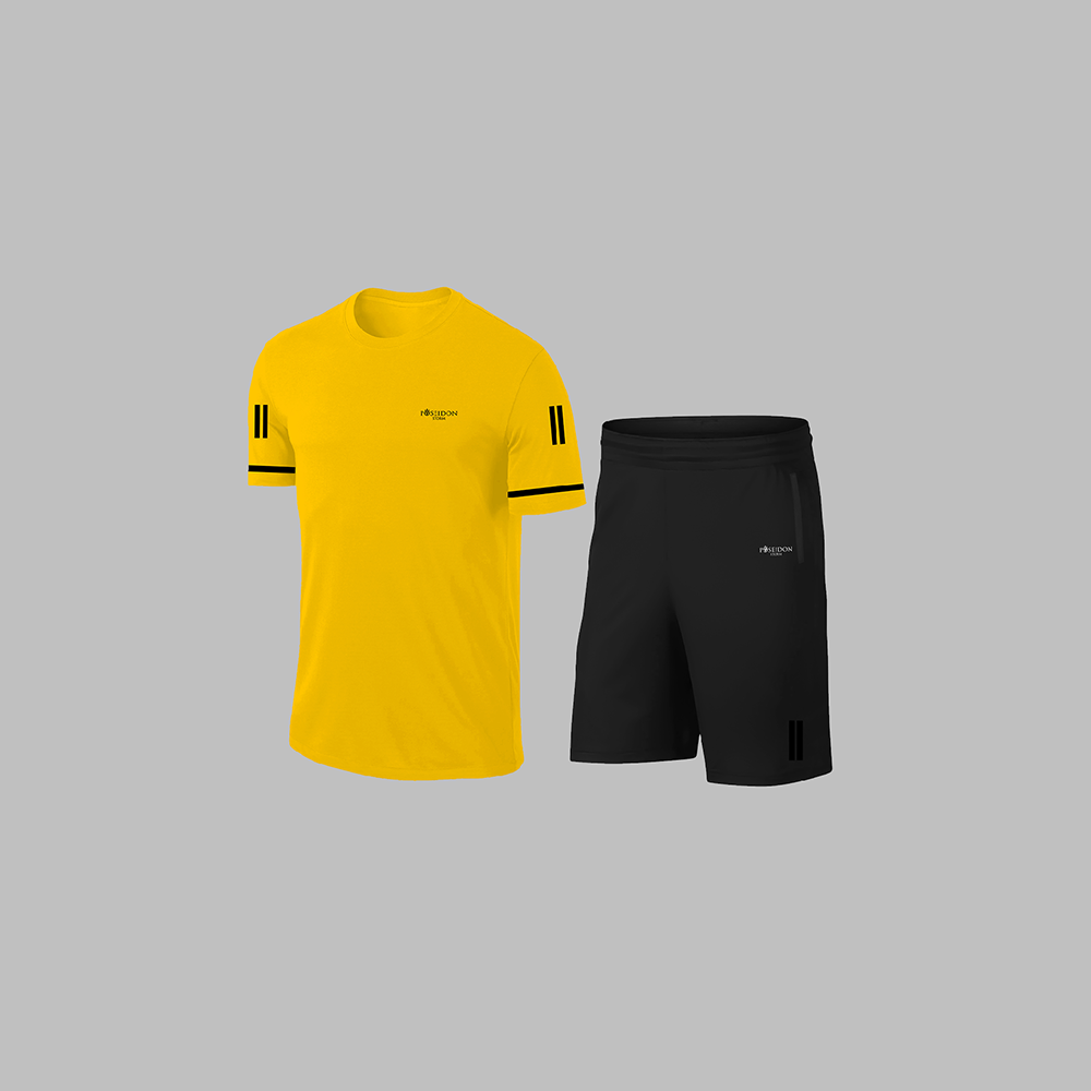 Erkek Sarı Dri-Fit Kumaş Baskısız Cepli Yuvarlak Yaka Kısa Kol Günlük Şık Tişört Şort Alt Üst İkili Set S-3XL