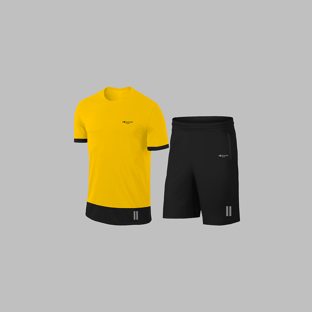 Erkek Sarı Dri-Fit Kumaş Baskısız Cepli Yuvarlak Yaka Kısa Kol Günlük Şık Tişört Şort Alt Üst İkili Set S-3XL