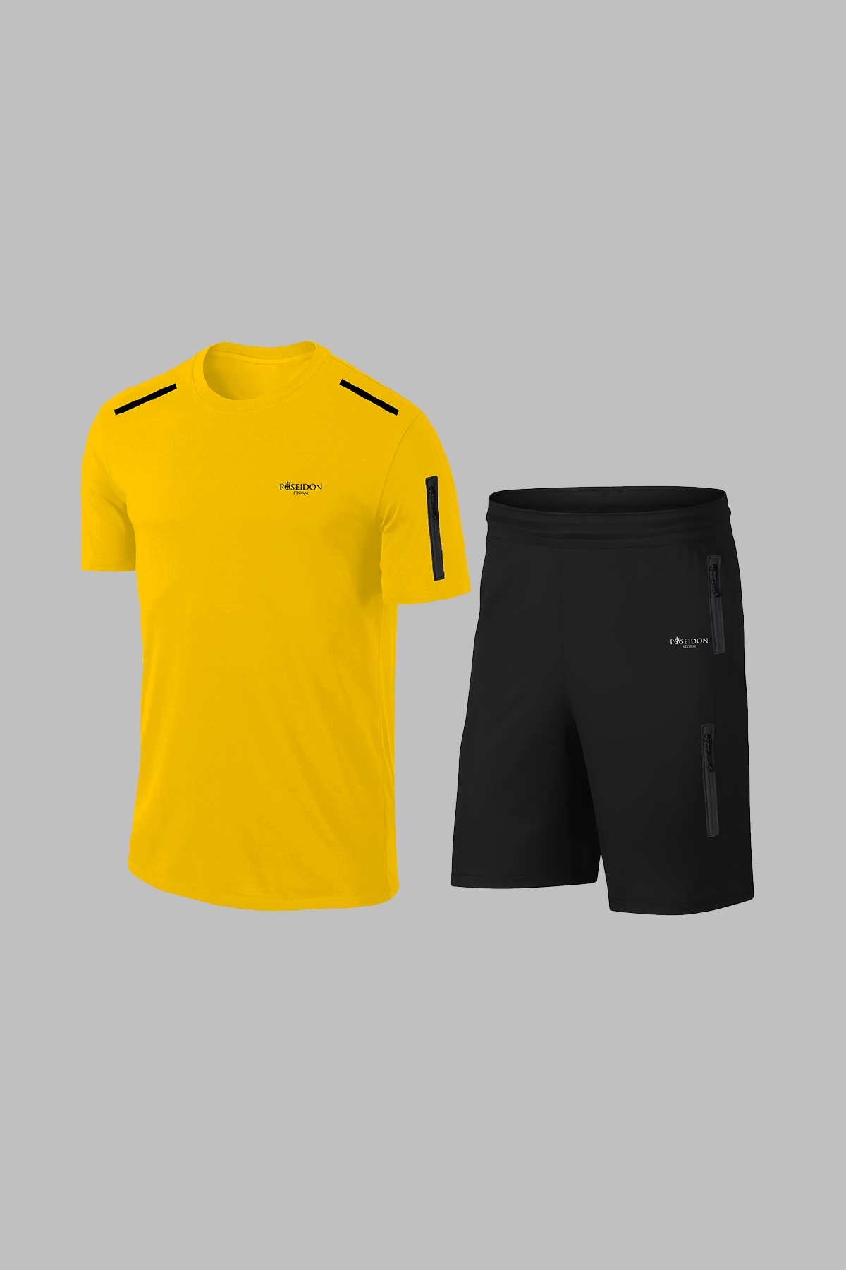 Erkek Sarı Dri-Fit Kumaş Baskısız Cepli Yuvarlak Yaka Kısa Kol Günlük Şık Tişört Şort Alt Üst İkili Set (S-3XL)