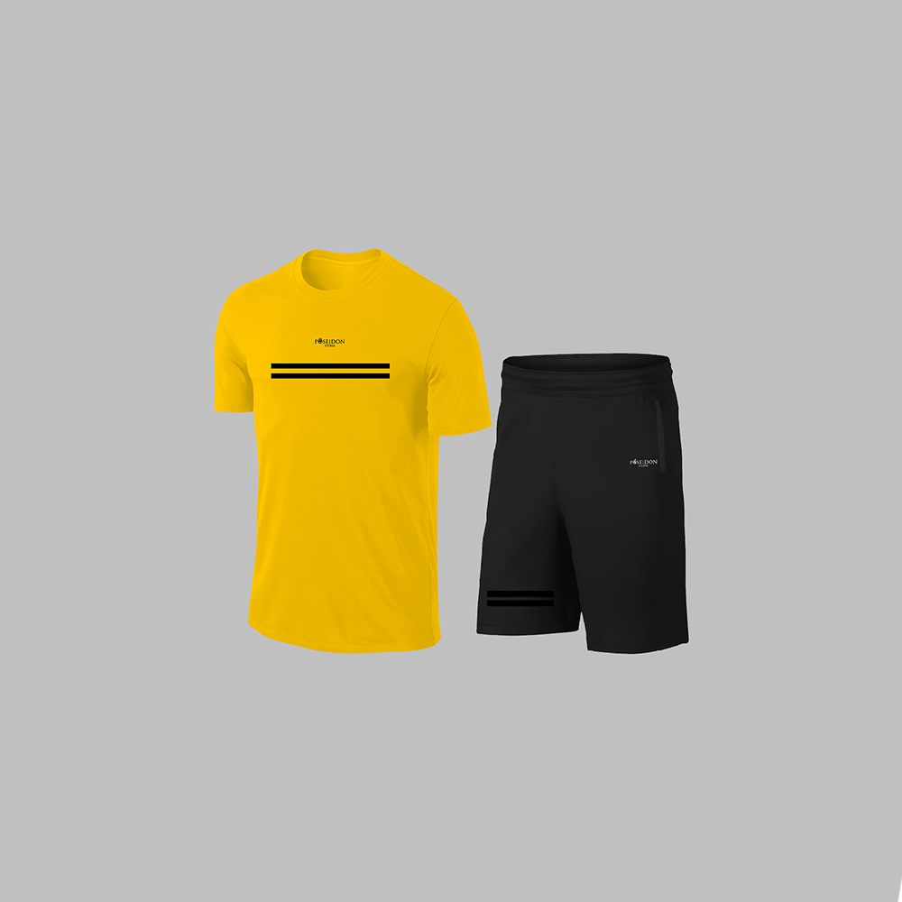 Erkek Sarı Dri-Fit Kumaş Cepli Baskısız Konforlu Tişört Şort Alt Üst İkili Takım Seti S-3XL