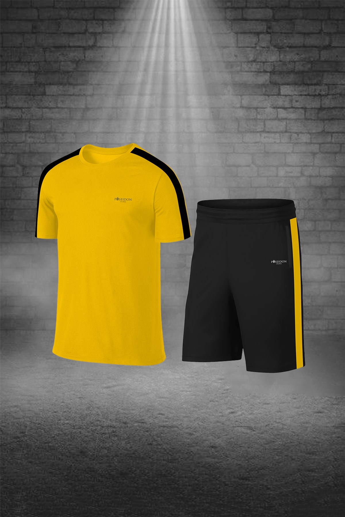 Erkek Sarı Dri-Fit Kumaş Düz Kısa Kol Konforlu Tişört Şort Alt Üst İkili Takım Seti S-3XL