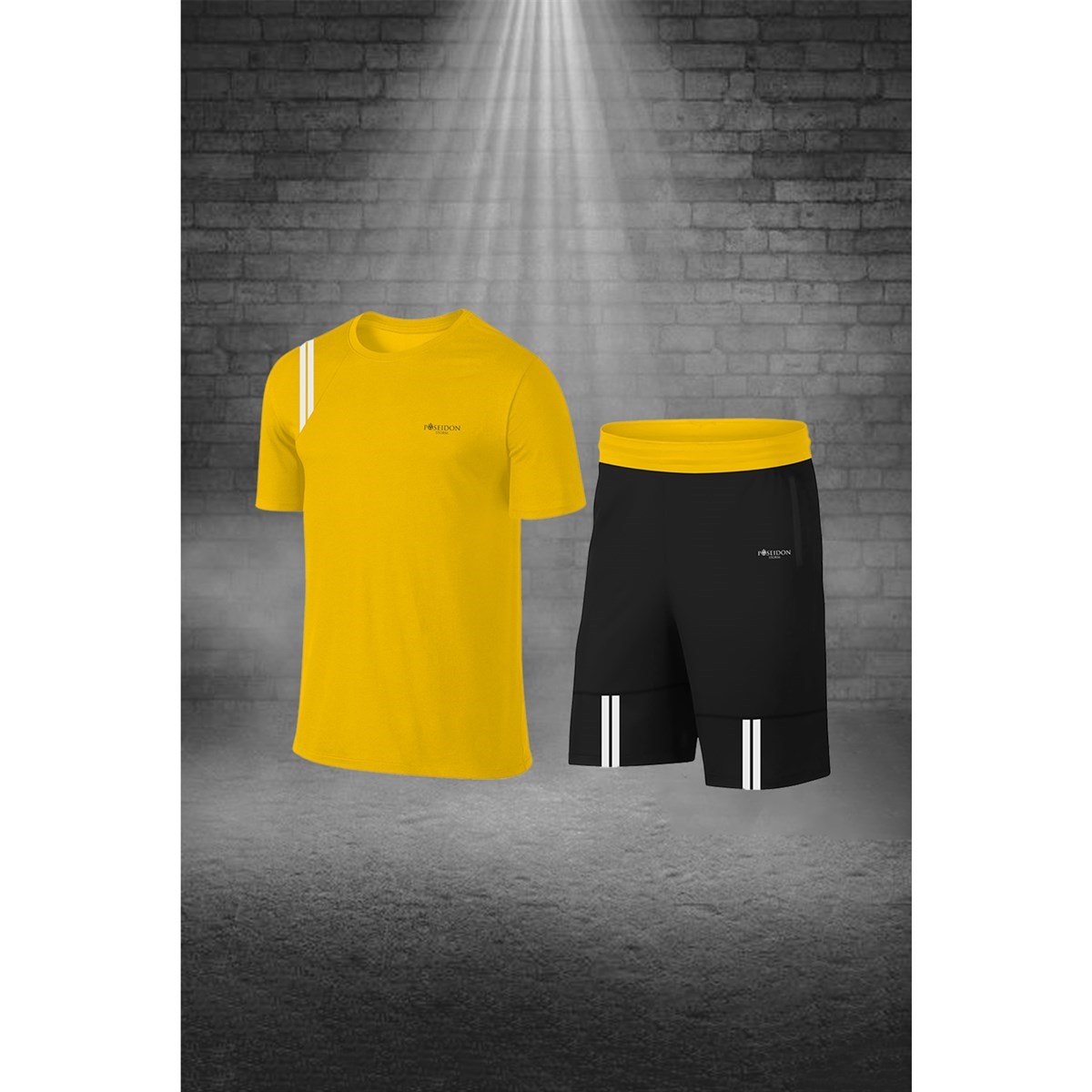 Erkek Sarı Dri-Fit Kumaş Konforlu Cepli Sıfır Yaka Tişört Şort İkili Alt Üst Seti S-3XL
