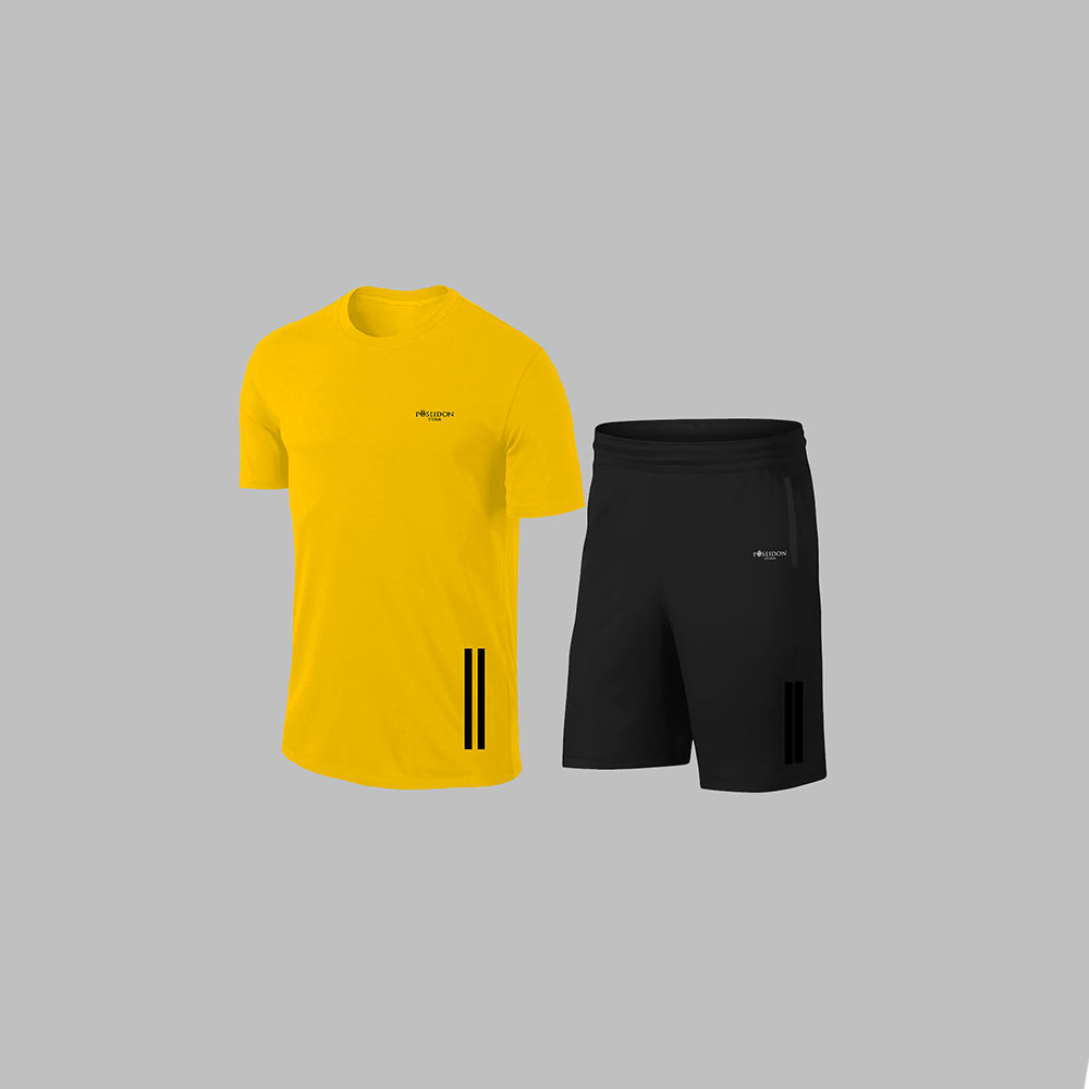 Erkek Sarı Dri-Fit Kumaş Rahat Günlük Sporcu Konforlu Tişört Şort Koşu Seti S-3XL