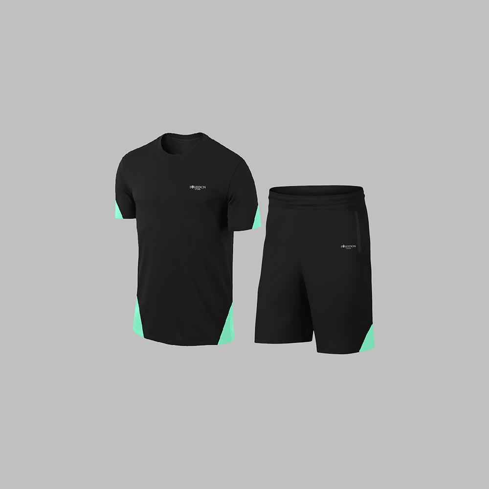Erkek Siyah Dri-Fit Kumaş Antrenman ve Koşu için Konforlu Cepli Kısa Kol Tişört Şort İkili Takım S-3XL