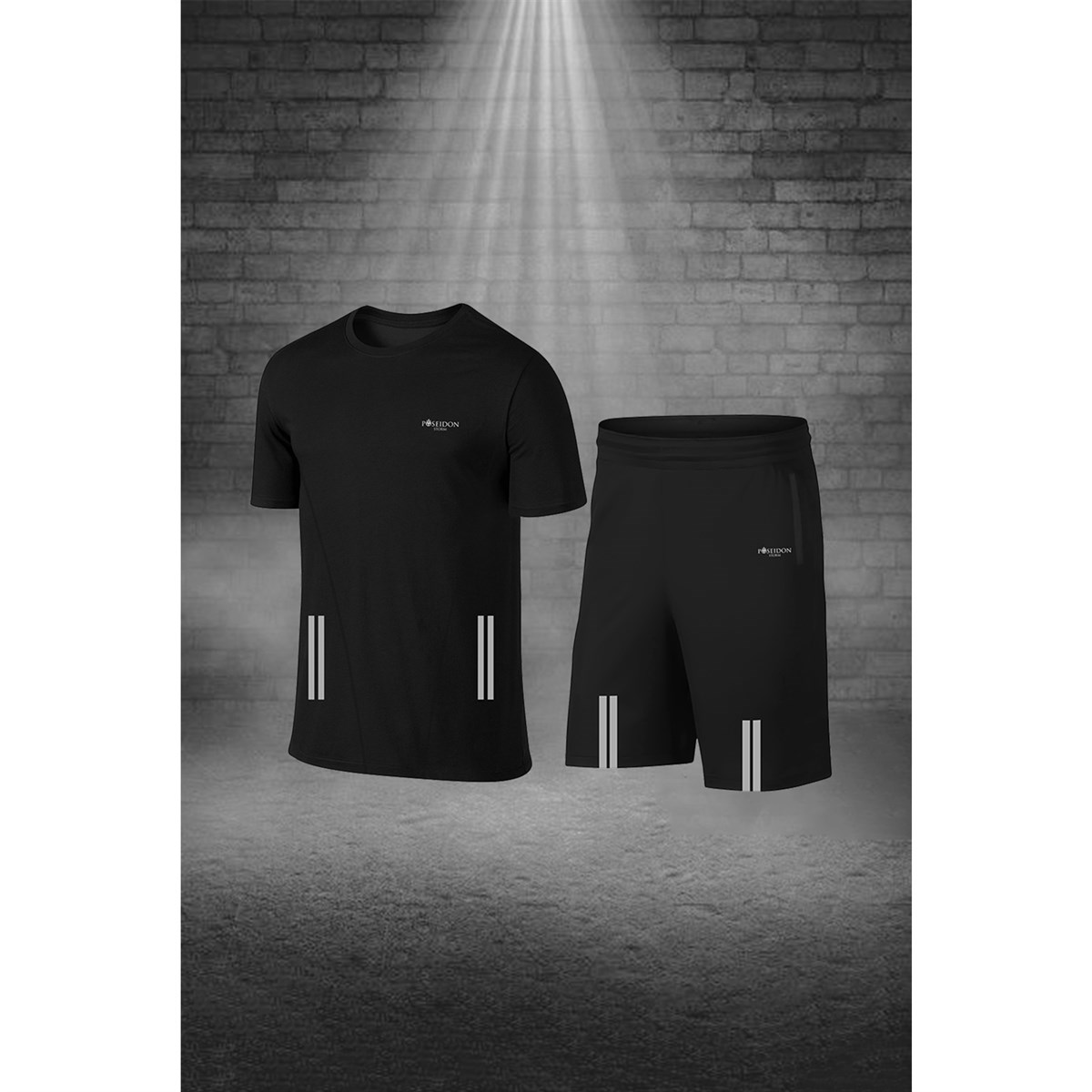 Erkek Siyah Dri-Fit Kumaş Cepli Baskısız Yürüyüş ve Koşu için Rahat Sporcu Tişört Şort Alt Üst İkili Takım S-3XL