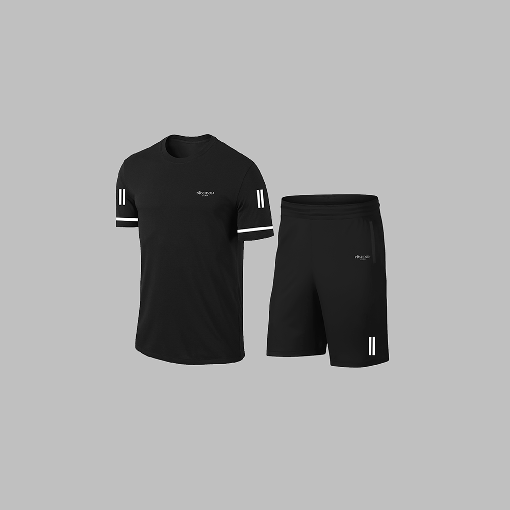Erkek Siyah Dri-Fit Kumaş Cepli Baskısız Yürüyüş ve Koşu için Rahat Sporcu Tişört Şort Alt Üst İkili Takım S-3XL